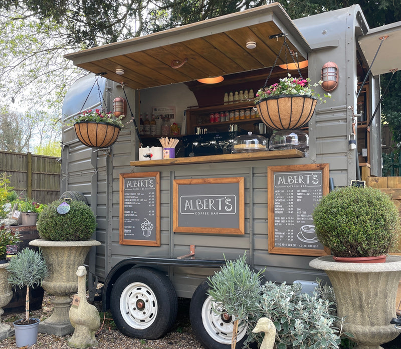 Alberts Coffee Bar, serving surrey hills coffee and cakes, at Vintage Frog, Surrey, Gomshall. Perfect Hidden Coffee Shop Garden Gem
