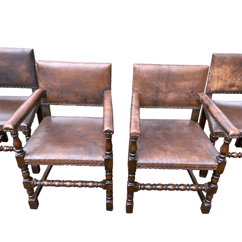 Set of 6 Jacobean Style Gothic Oak and Leather Dining ChairsVintage Frog
