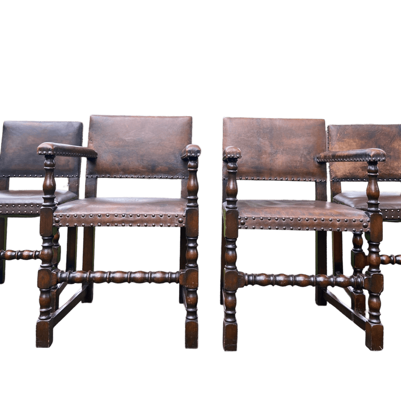 Set of 6 Jacobean Style Gothic Oak and Leather Dining ChairsVintage Frog
