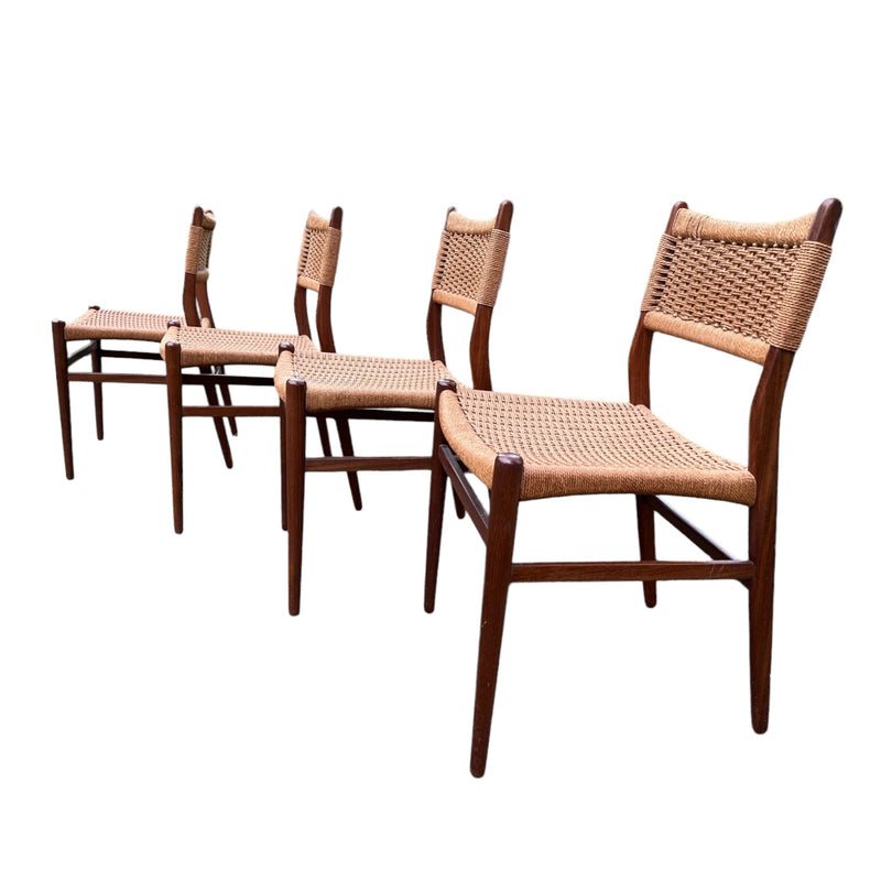 Set of 4 Mid Century Teak Danish Style Dining Chairs With Cord Seats and BacksVintage Frog