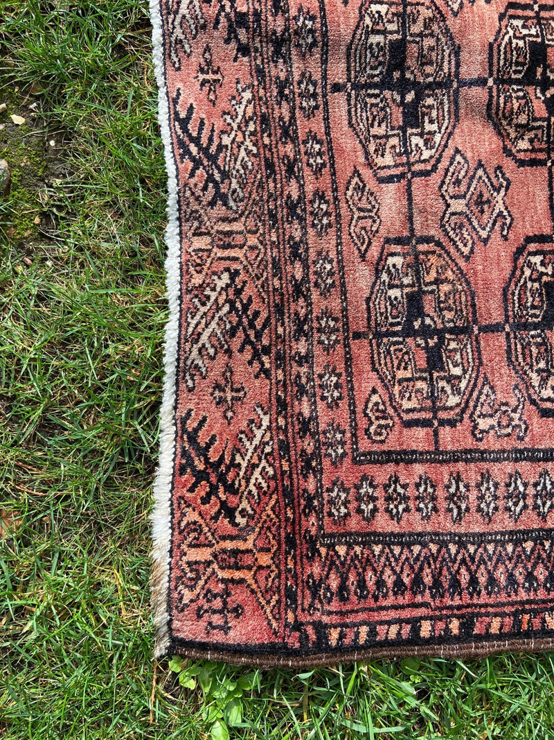 Small Vintage Hallway Rug in Black, Red and WhiteVintage FrogRugs