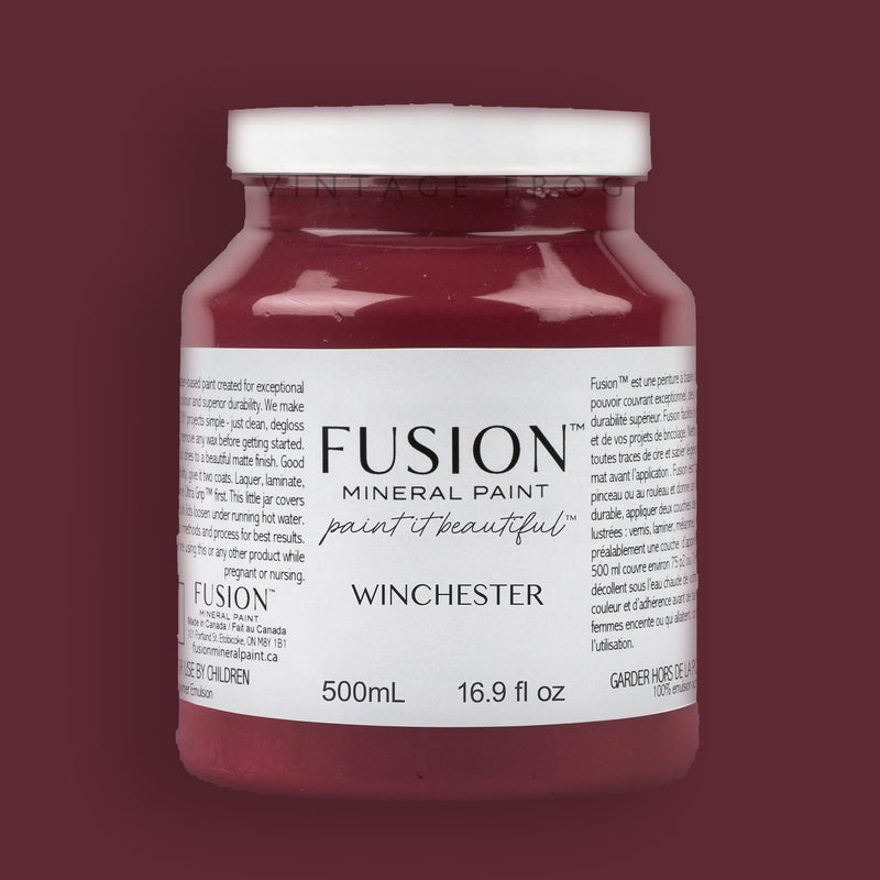 Winchester, deep red burgundy Colour, 500ml Fusion Mineral Paint, eco-friendly easy to use, durable, furniture paint, available at Vintage Frog in Surrey, UK