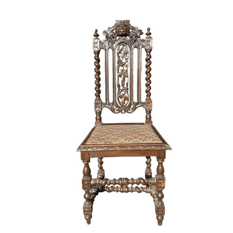 Antique Carved Gothic Oak Throne Chair with Upholstered Seat and Barley Twist SupportsVintage Frog