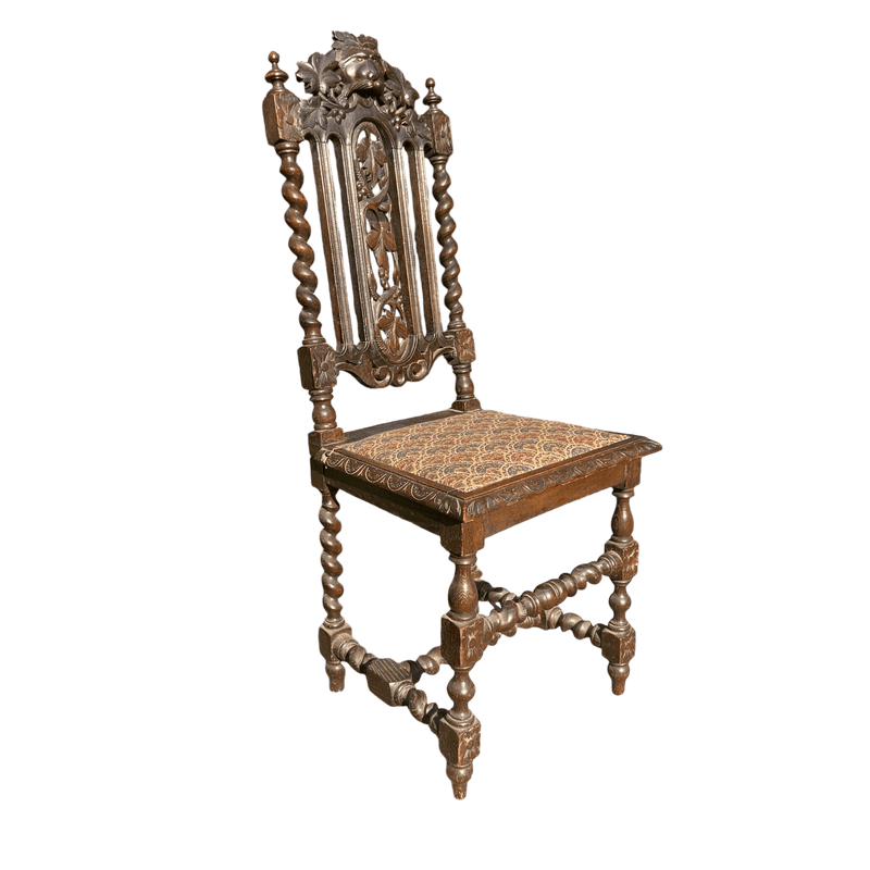 Antique Carved Gothic Oak Throne Chair with Upholstered Seat and Barley Twist SupportsVintage Frog