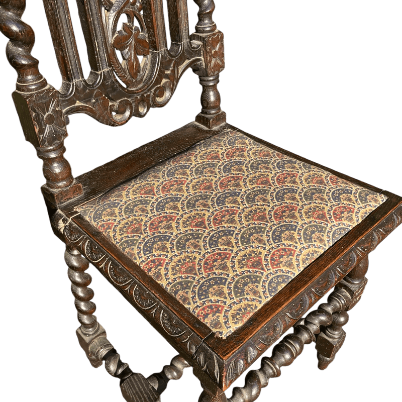 Antique Carved Gothic Oak Throne Chair with Upholstered Seat and Barley Twist SupportsVintage Frog