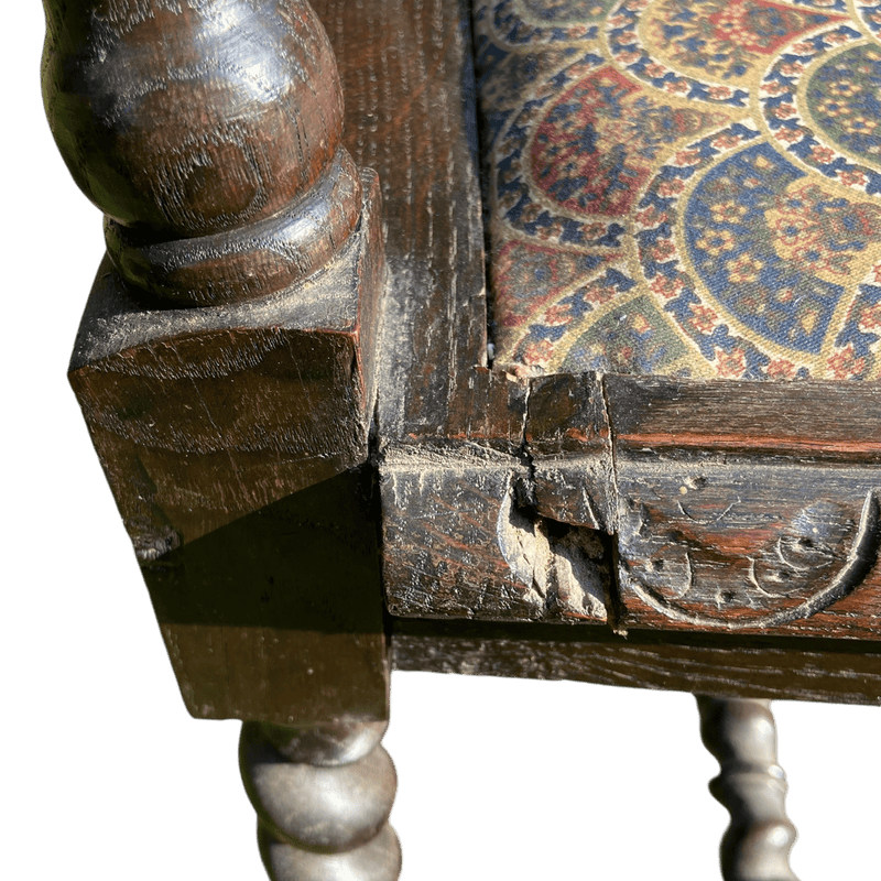 Antique Carved Gothic Oak Throne Chair with Upholstered Seat and Barley Twist SupportsVintage Frog