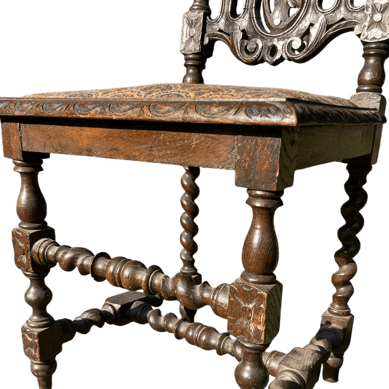 Antique Carved Gothic Oak Throne Chair with Upholstered Seat and Barley Twist SupportsVintage Frog