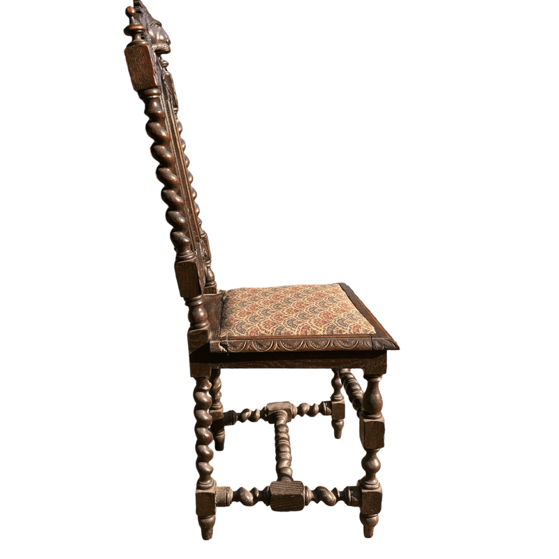 Antique Carved Gothic Oak Throne Chair with Upholstered Seat and Barley Twist SupportsVintage Frog