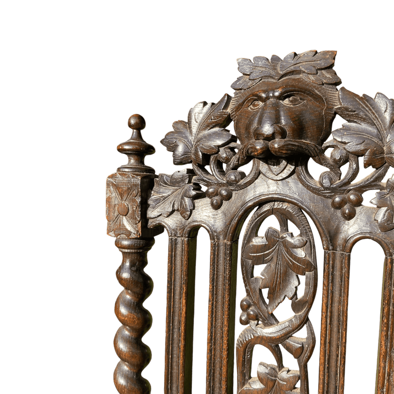 Antique Carved Gothic Oak Throne Chair with Upholstered Seat and Barley Twist SupportsVintage Frog