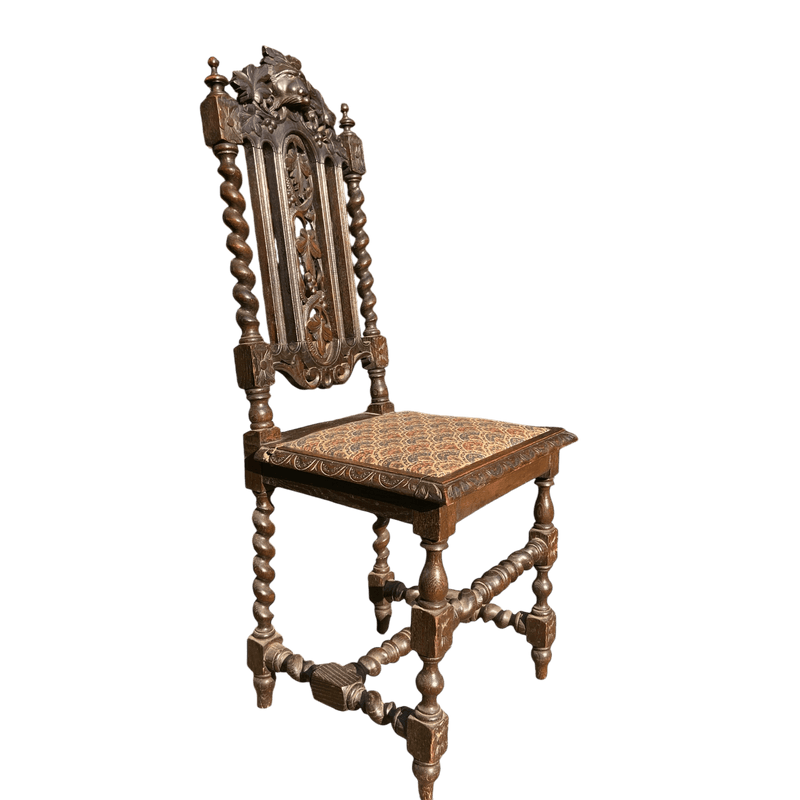 Antique Carved Gothic Oak Throne Chair with Upholstered Seat and Barley Twist SupportsVintage Frog