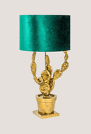 Antique Gold Effect Potted Cactus Lamp with Green Velvet ShadeVintage Frog M/RLighting