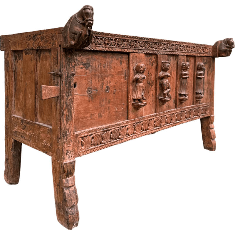 Antique Indian Damchiya Dowry Chest Hand Carved Hardwood SideboardVintage Frog