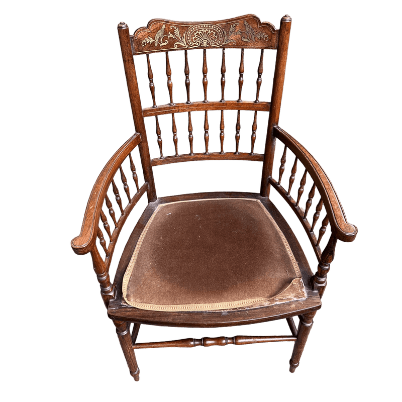 Brass Inlaid Boulle Work Style Occasional Armchair ChairVintage Frog