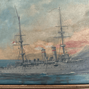 Early 20th Century Oil on Canvas Framed Painting Depicting A Seascape of a Military WarshipVintage Frog