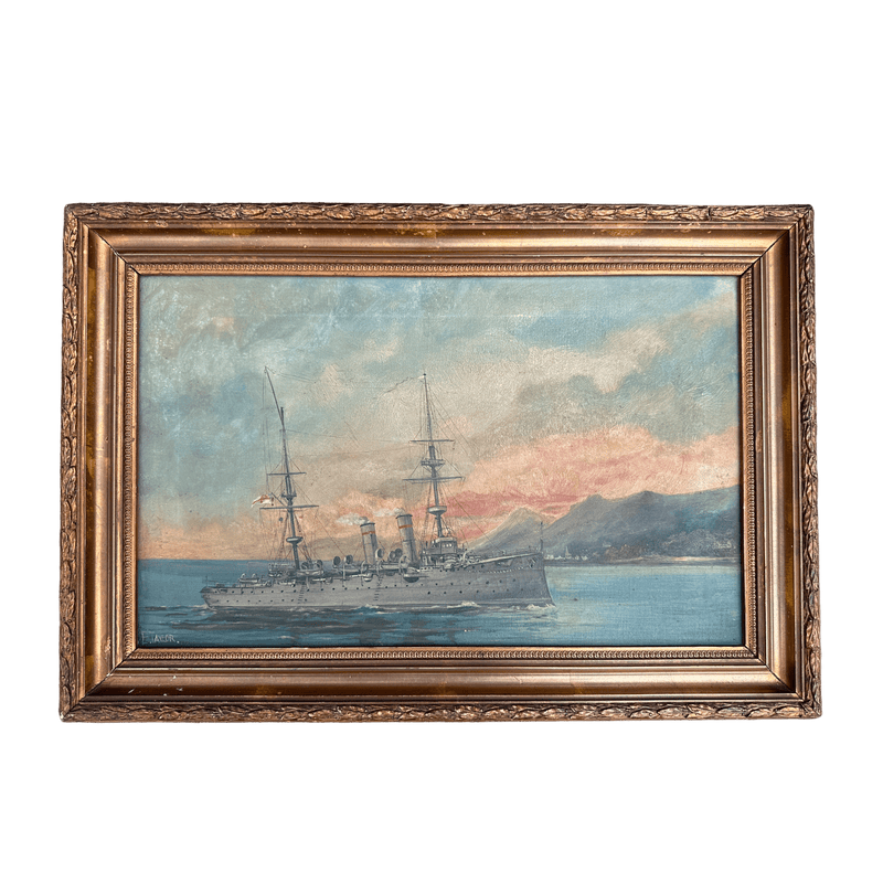 Early 20th Century Oil on Canvas Framed Painting Depicting A Seascape of a Military WarshipVintage Frog