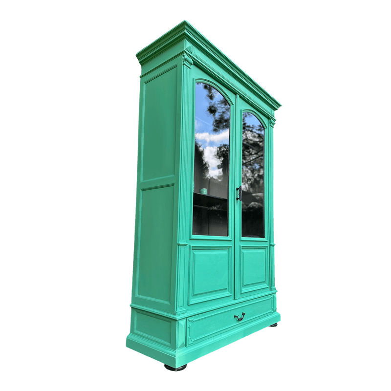 Hand Painted Arsenic Green Coloured French Glazed Armoire Style Display CabinetVintage Frog