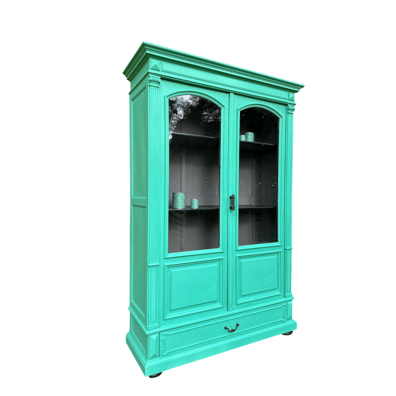 Hand Painted Arsenic Green Coloured French Glazed Armoire Style Display CabinetVintage Frog