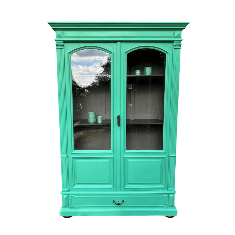 Hand Painted Arsenic Green Coloured French Glazed Armoire Style Display CabinetVintage Frog