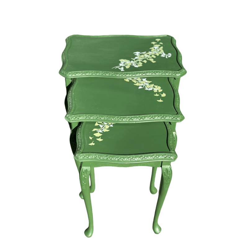 Hand Painted Green Nest of Tables With Floral Painted DetailsVintage Frog