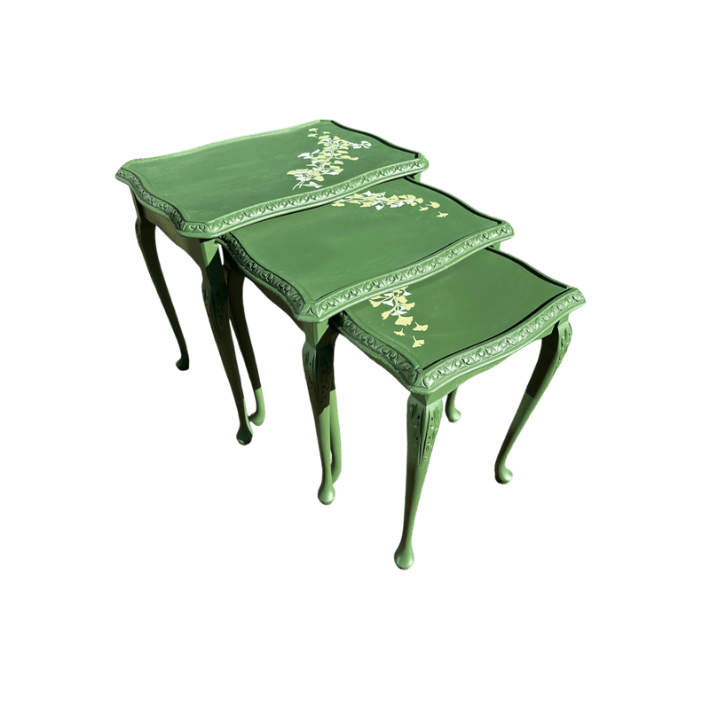 Hand Painted Green Nest of Tables With Floral Painted DetailsVintage Frog