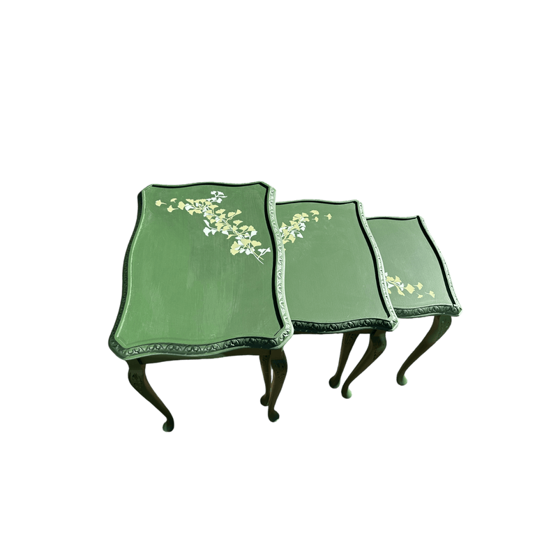 Hand Painted Green Nest of Tables With Floral Painted DetailsVintage Frog