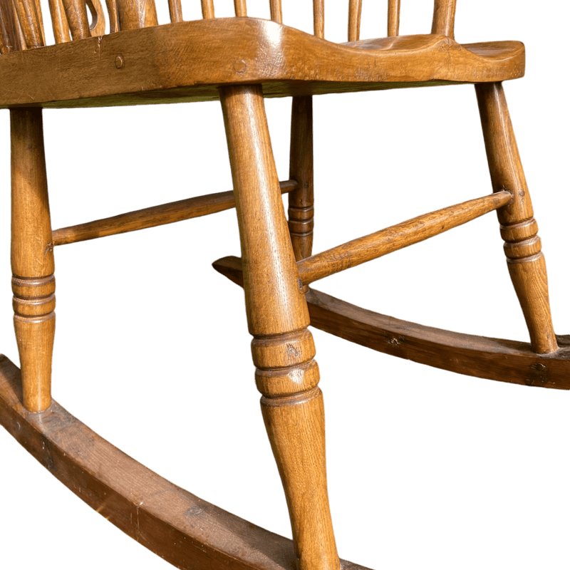 Handcrafted Vintage Wooden Rocking Chair with Spindle Fiddle BackVintage Frog