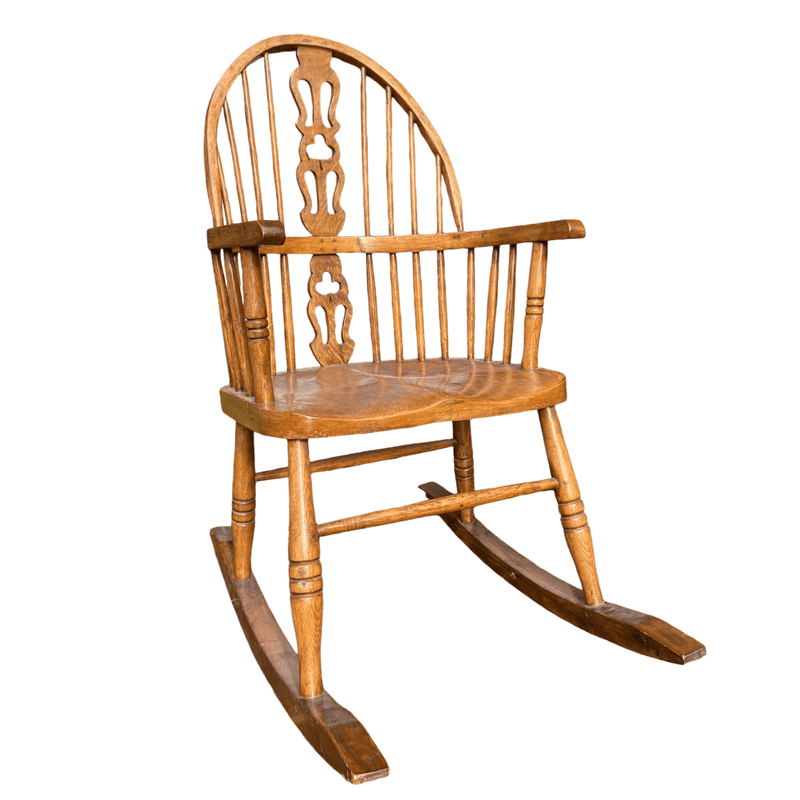 Handcrafted Vintage Wooden Rocking Chair with Spindle Fiddle BackVintage Frog