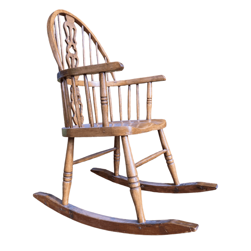 Handcrafted Vintage Wooden Rocking Chair with Spindle Fiddle BackVintage Frog