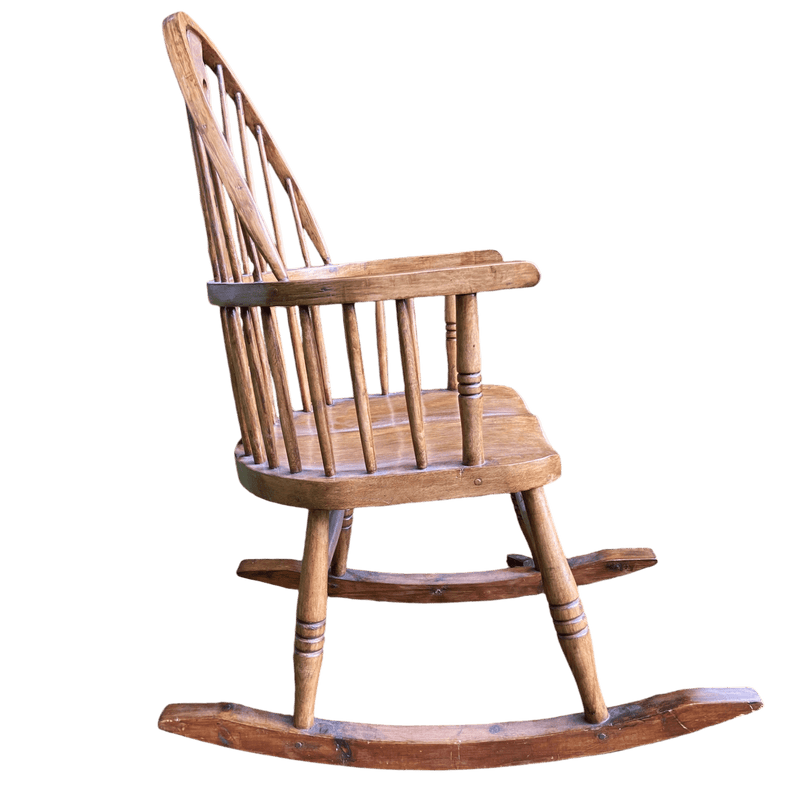 Handcrafted Vintage Wooden Rocking Chair with Spindle Fiddle BackVintage Frog