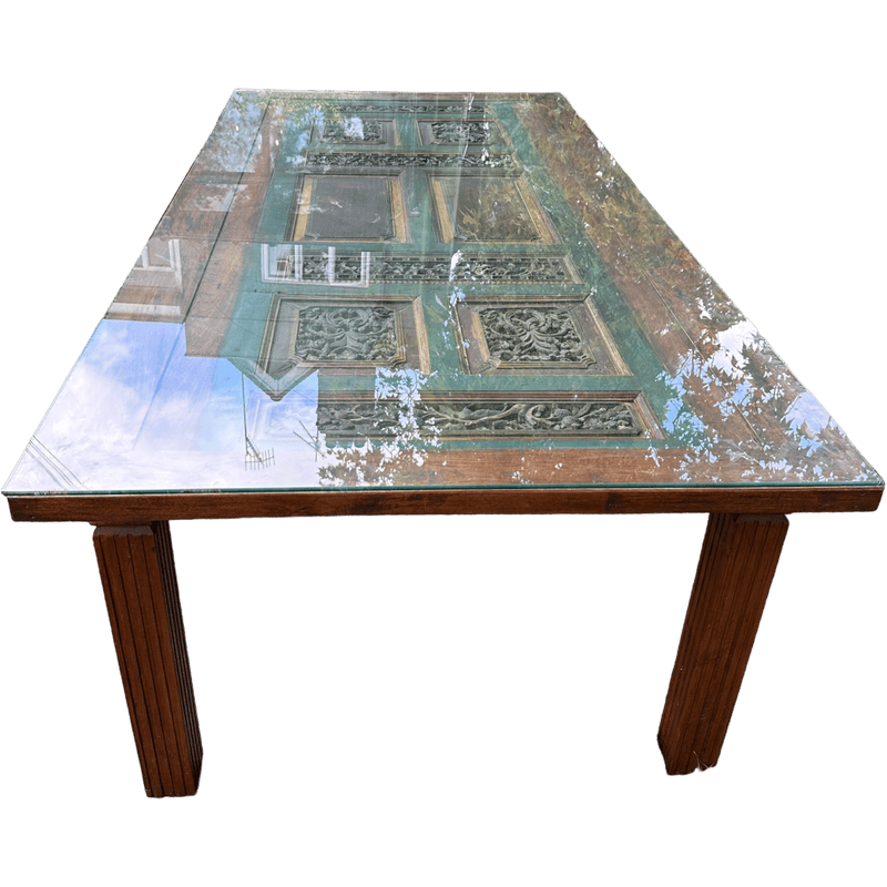 Large 2.4 Meter Glass topped Dining Table Made From an Antique Indian Painted DoorVintage Frog