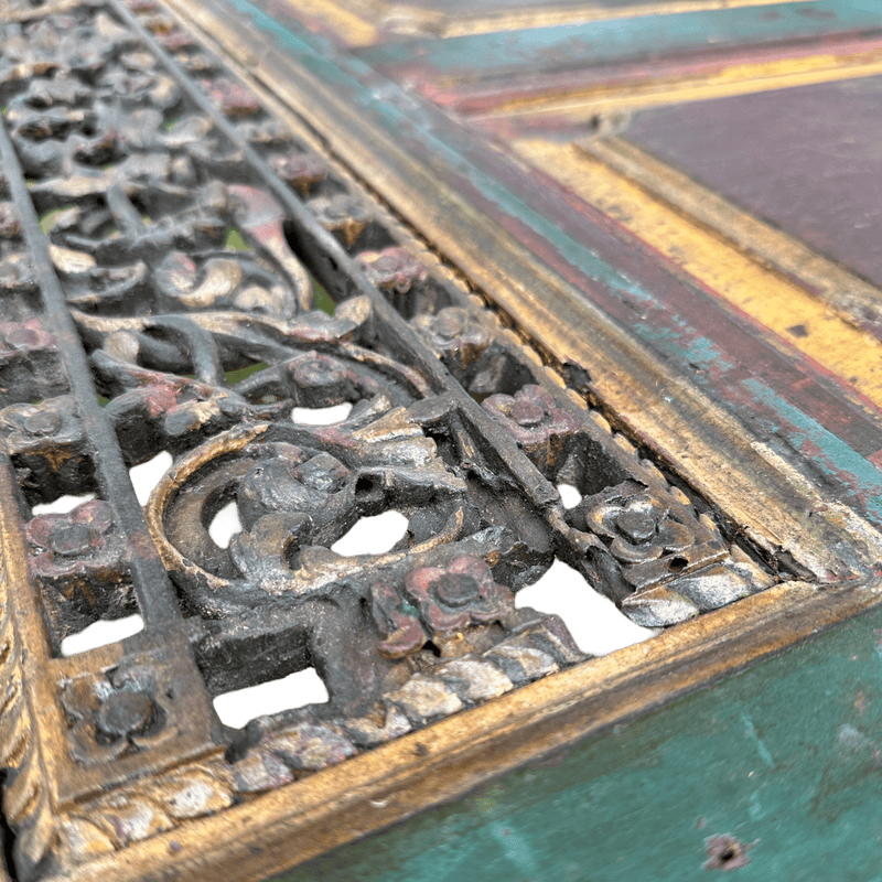 Large 2.4 Meter Glass topped Dining Table Made From an Antique Indian Painted DoorVintage Frog