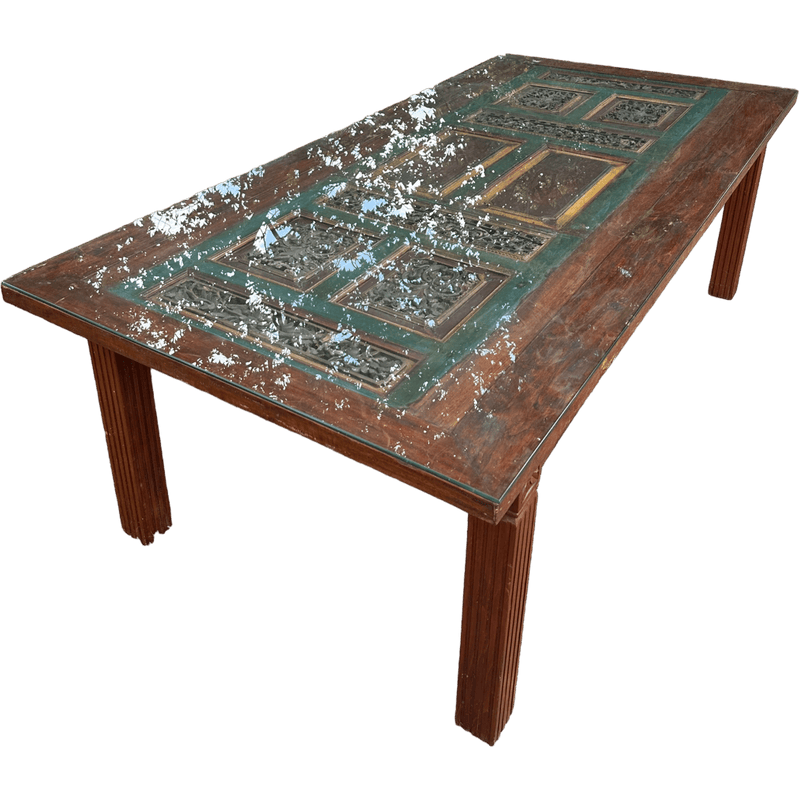 Large 2.4 Meter Glass topped Dining Table Made From an Antique Indian Painted DoorVintage Frog