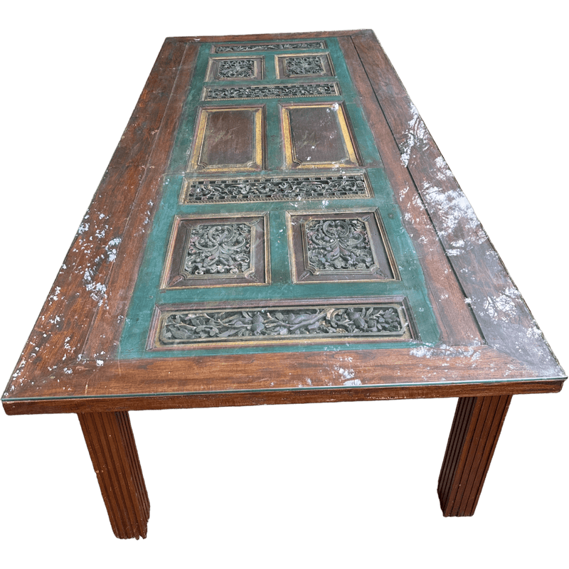 Large 2.4 Meter Glass topped Dining Table Made From an Antique Indian Painted DoorVintage Frog