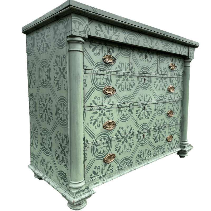 Large Victorian Chest of Drawers Painted in Green With Stencilled Detailing and Brass HandlesVintage Frog