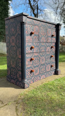 Large Victorian Chest of Drawers Painted Dark Blue With Pink Stencilled Detailing and Wooden Handles