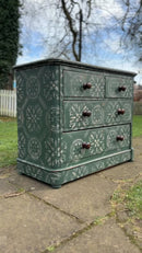 Green Ornate Two over Two Victorian Chest of Drawers Hand Painted and Stencilled With Wooden Handles