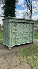 Large Victorian Chest of Drawers Painted in Green With Stencilled Detailing and Brass Handles