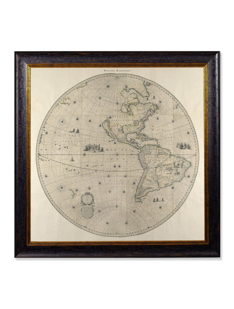 Quality Glass Fronted Framed Print, c.1660 Map of the World in Two Hemispheres Framed Wall Art PictureVintage Frog T/AFramed Print
