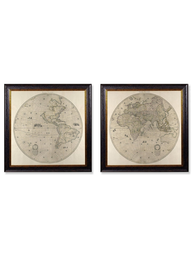 Quality Glass Fronted Framed Print, c.1660 Map of the World in Two Hemispheres Framed Wall Art PictureVintage Frog T/AFramed Print