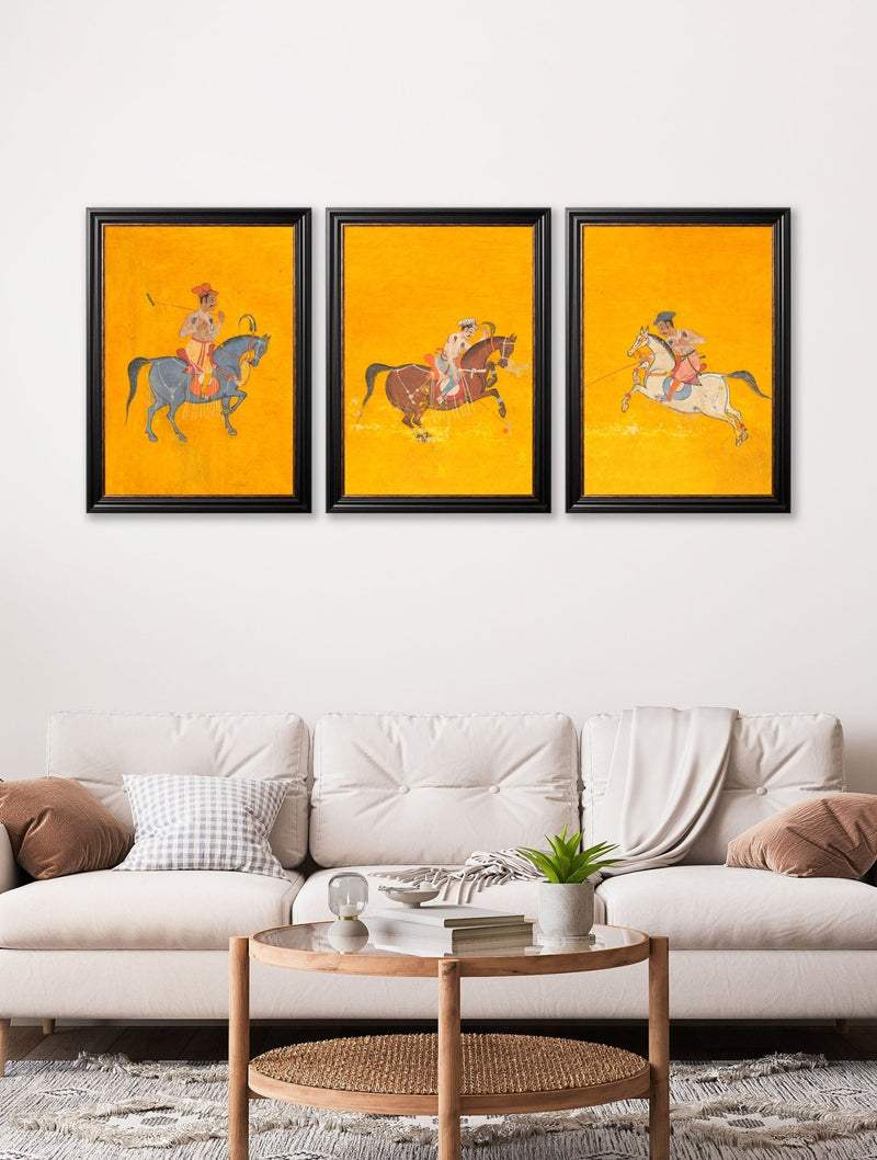 Quality Glass Fronted Framed Print, c.17th Century Indian Polo Players Triptych Framed Wall Art PictureVintage Frog T/AFramed Print