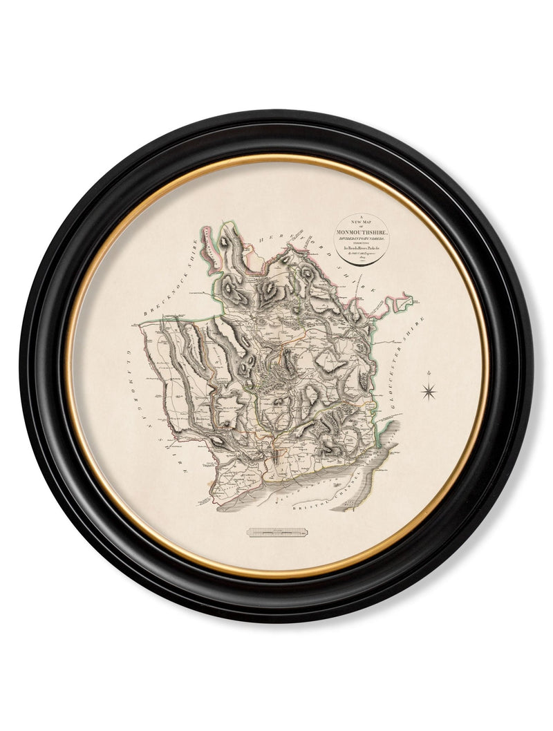 Quality Glass Fronted Framed Print, c.1806 County Maps of England - Round Framed Wall Art PictureVintage Frog T/AFramed Print