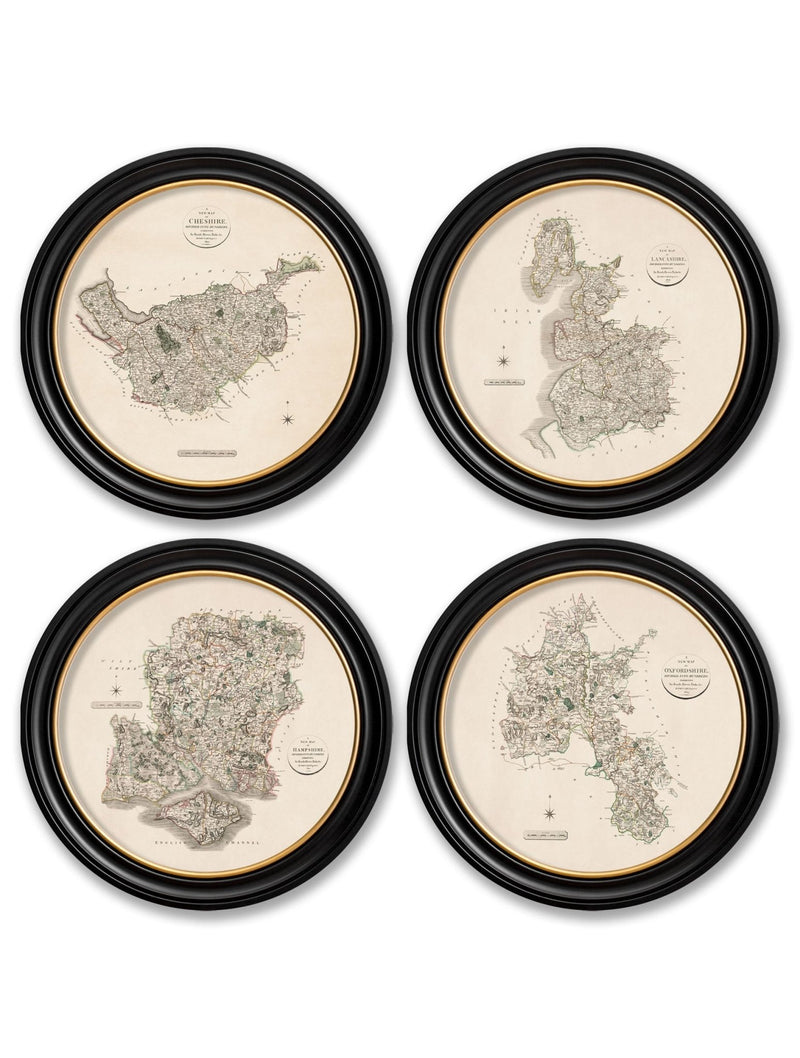 Quality Glass Fronted Framed Print, c.1806 County Maps of England - Round Framed Wall Art PictureVintage Frog T/AFramed Print