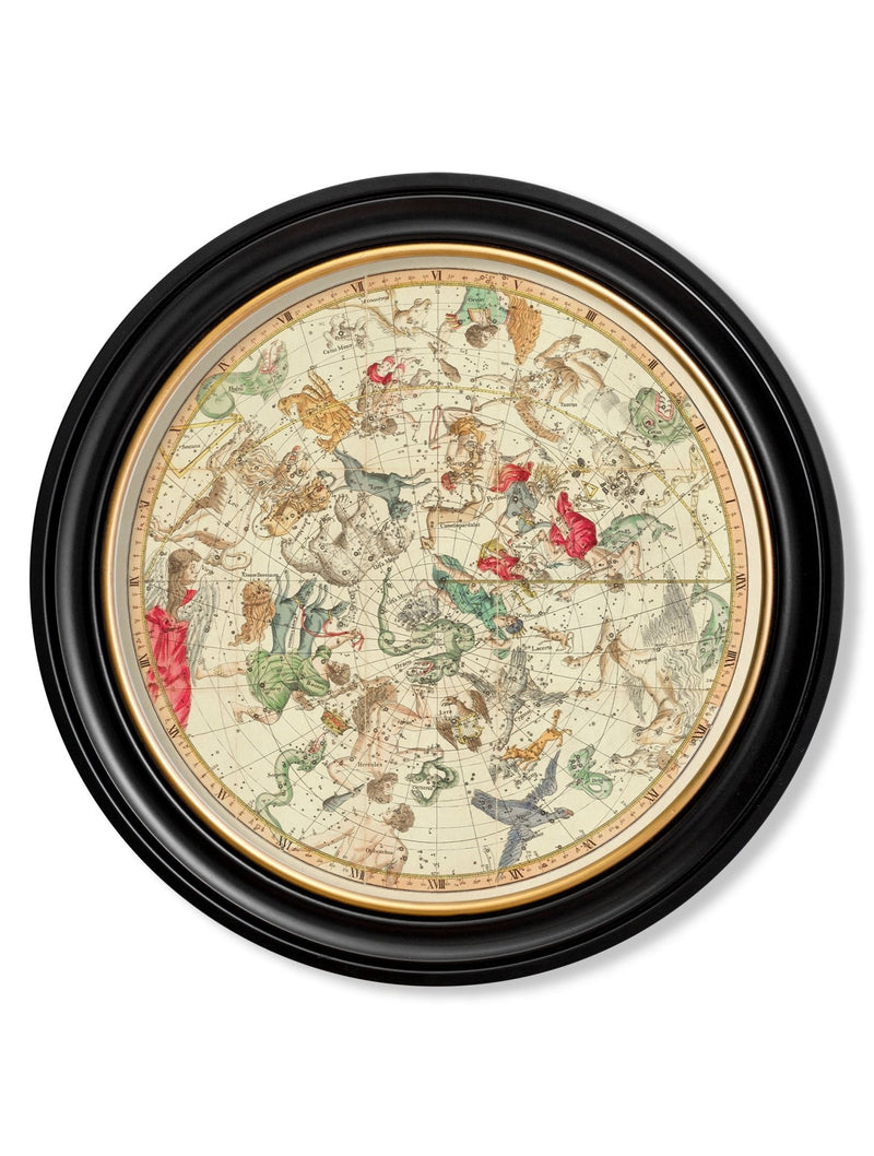 Quality Glass Fronted Framed Print, c.1820 Map of Constellations - Round Frame Framed Wall Art PictureVintage Frog T/AFramed Print