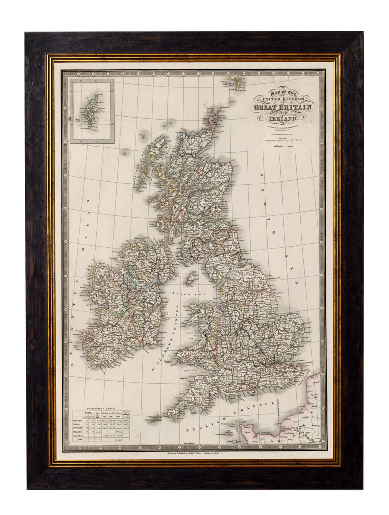 Quality Glass Fronted Framed Print, c.1838 Map of The British Isles Framed Wall Art PictureVintage Frog T/AFramed Print