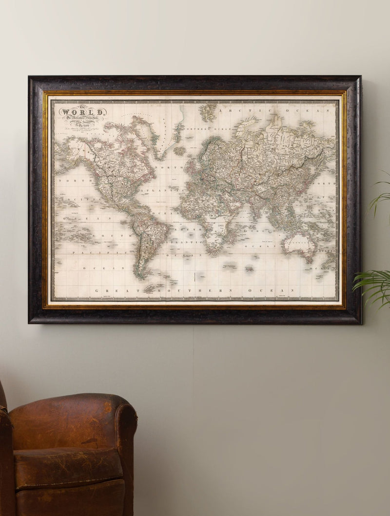 Quality Glass Fronted Framed Print, c.1838 Map of The World Framed Wall Art PictureVintage Frog T/AFramed Print