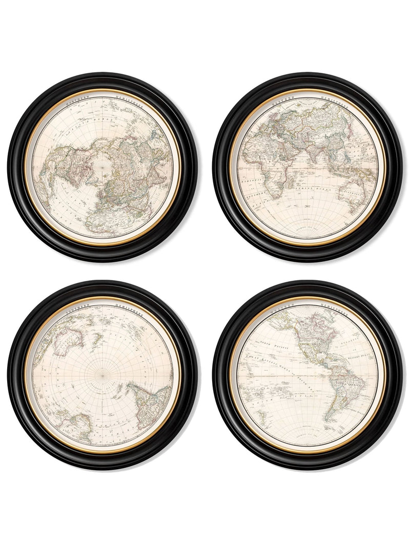Quality Glass Fronted Framed Print, c.1838 World Map Hemispheres in Round Frames Framed Wall Art PictureVintage Frog T/AFramed Print