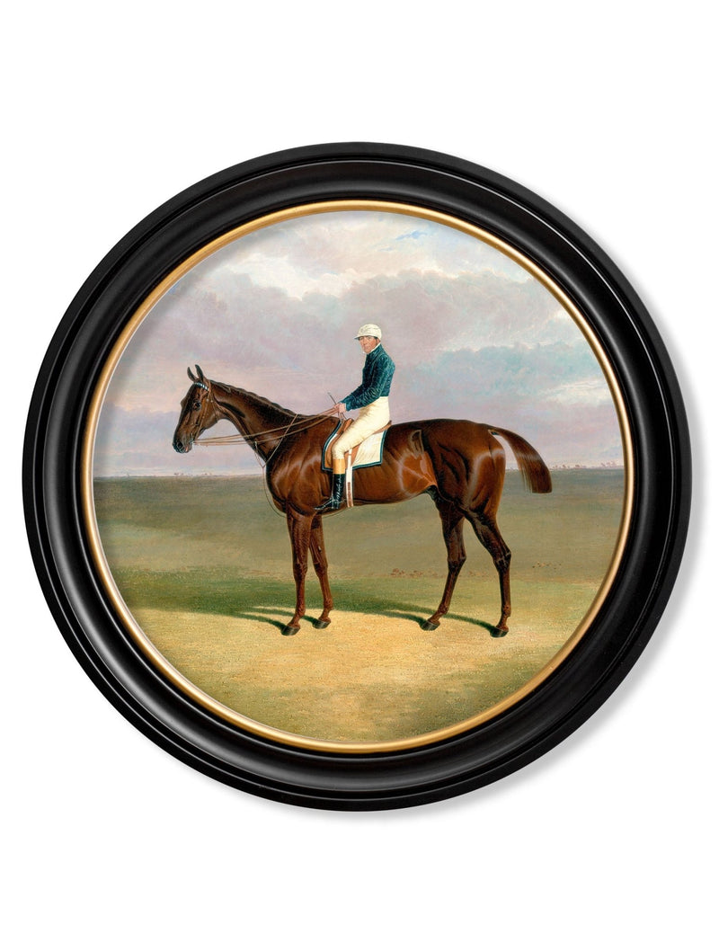 Quality Glass Fronted Framed Print, c.1840 Horse and Jockey - Round Frame Framed Wall Art PictureVintage Frog T/AFramed Print