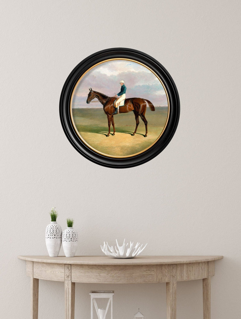 Quality Glass Fronted Framed Print, c.1840 Horse and Jockey - Round Frame Framed Wall Art PictureVintage Frog T/AFramed Print