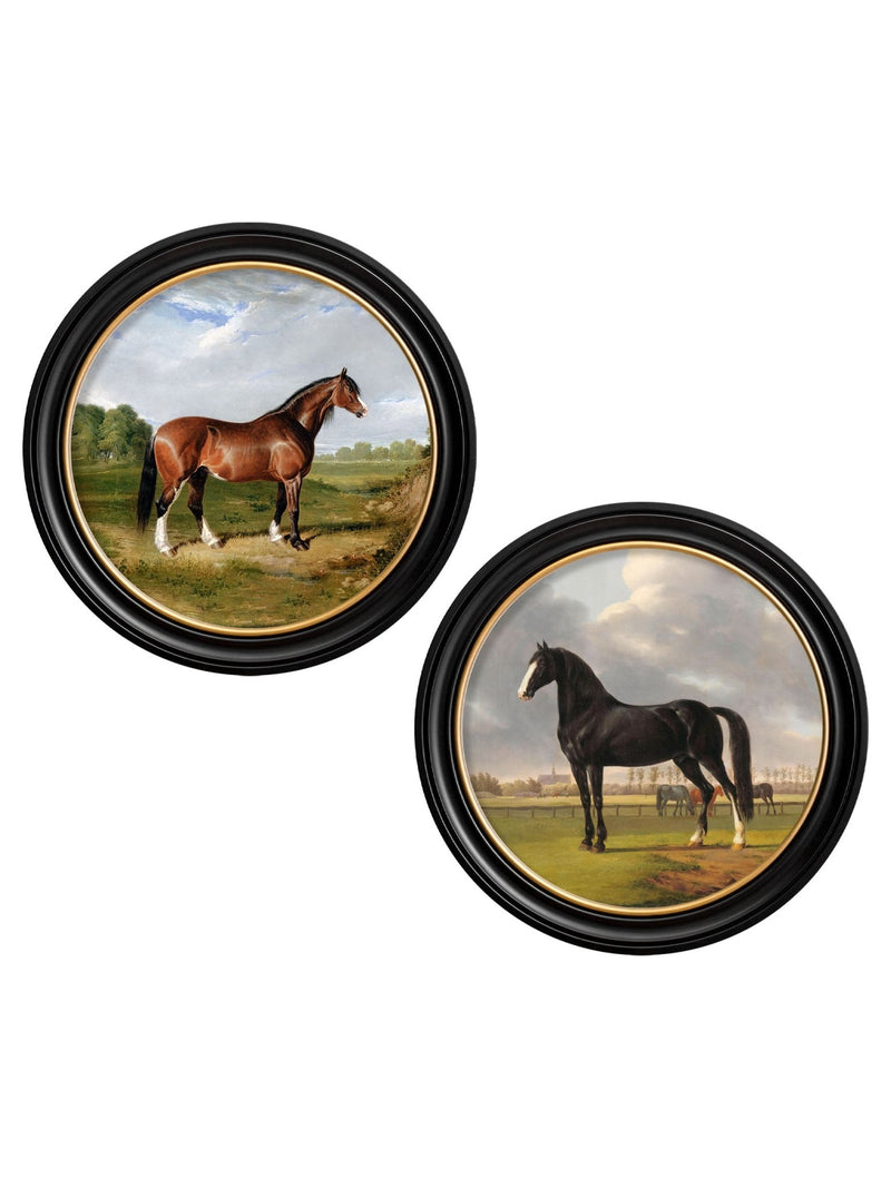 Quality Glass Fronted Framed Print, c.1840 Horses - Round Frame Framed Wall Art PictureVintage Frog T/AFramed Print