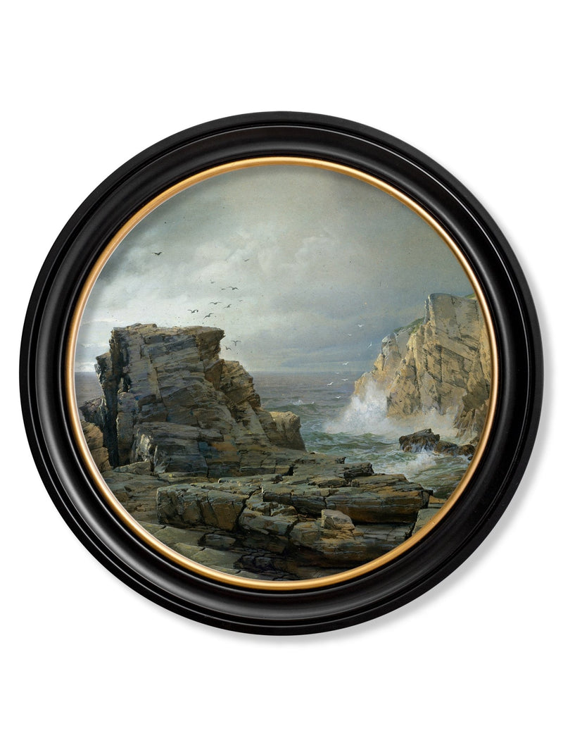 Quality Glass Fronted Framed Print, c.1877 Rocky Coast - Round Frame Framed Wall Art PictureVintage Frog T/AFramed Print